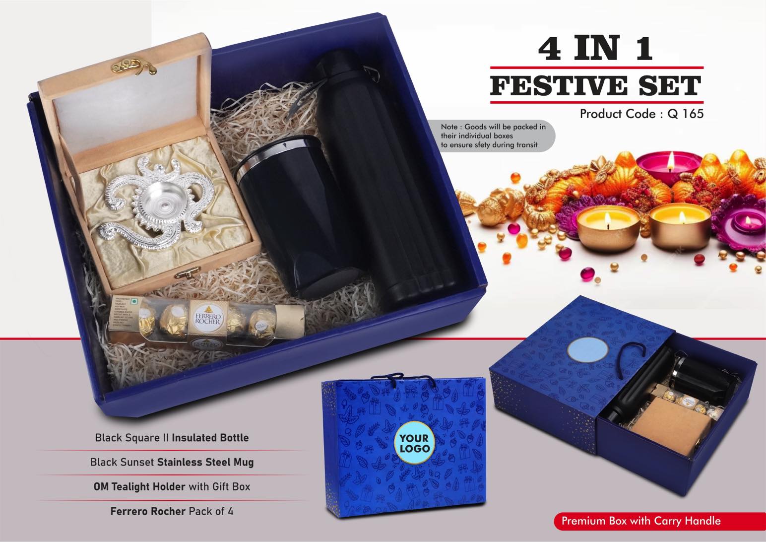 Festive Gift Set of 4-Om Tealight holder, Square Insulated Bottle, Stainless Steel Mug and Ferrero Rocher Pack of 4