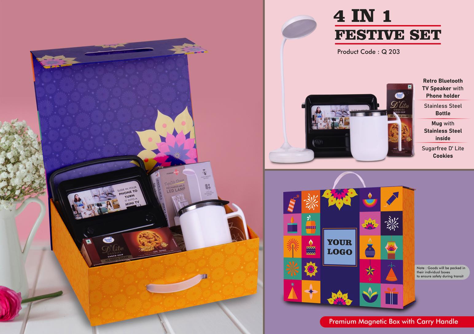 Diwali Set of 4- Rechargeable Table Lamp, Retro Bluetooth TV Speaker, Double Wall SS mug, Sugarfree D'Lite Cookies in Magnetic Gift Box with Handle