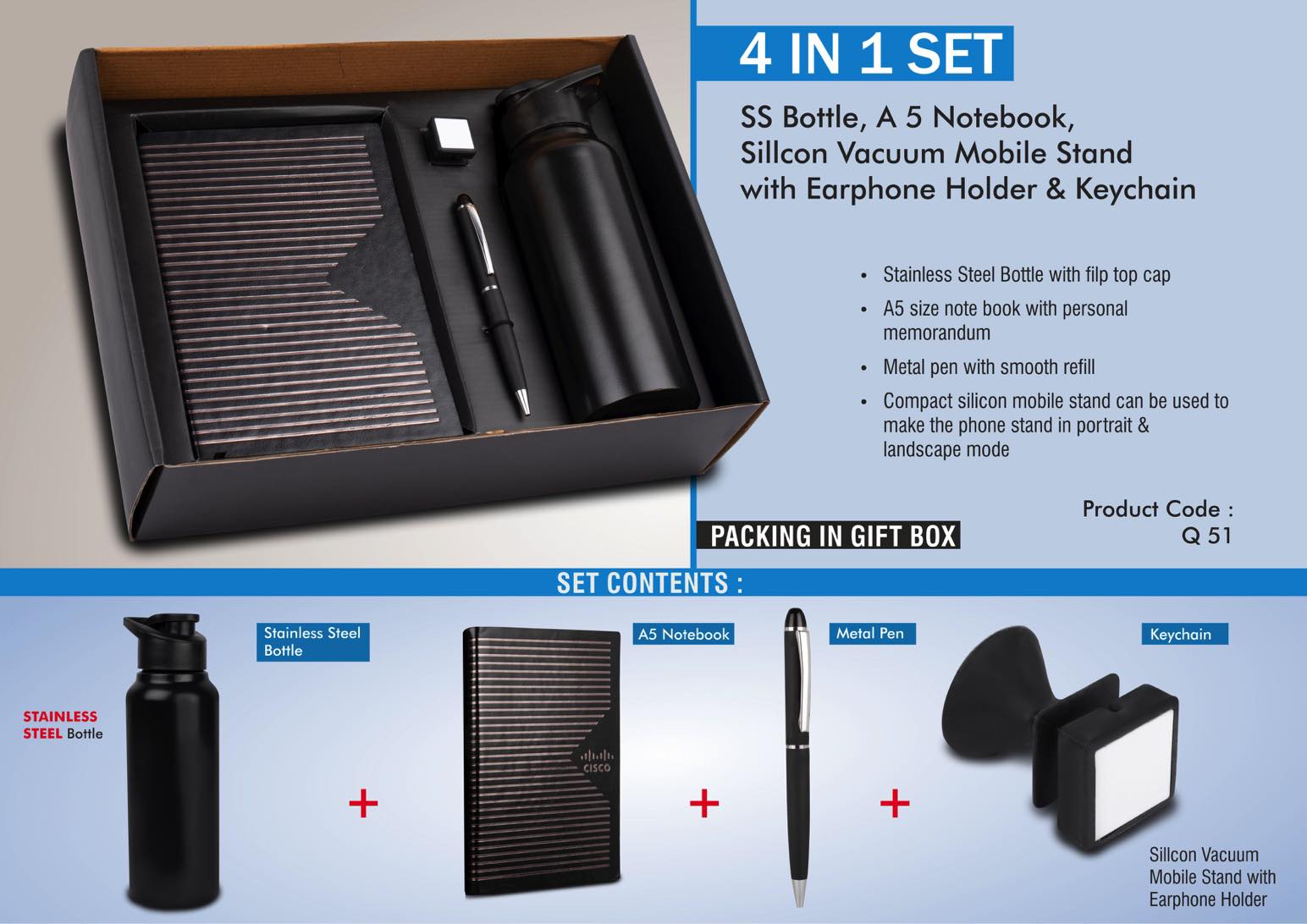 4 in 1 set - Stainless Steel bottle, metal pen, Silicon mobile stand with earphone holder, A5 notebook