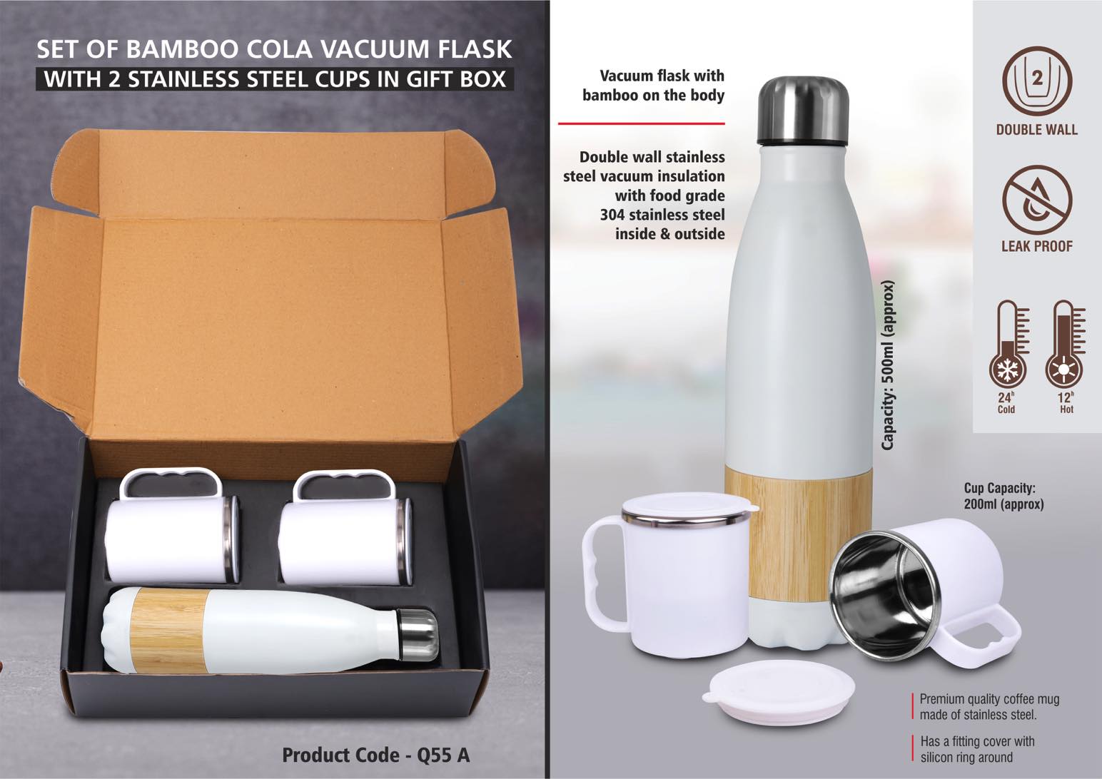 Set of Bamboo cola Vacuum Flask with 2 Stainless steel cups in Gift box