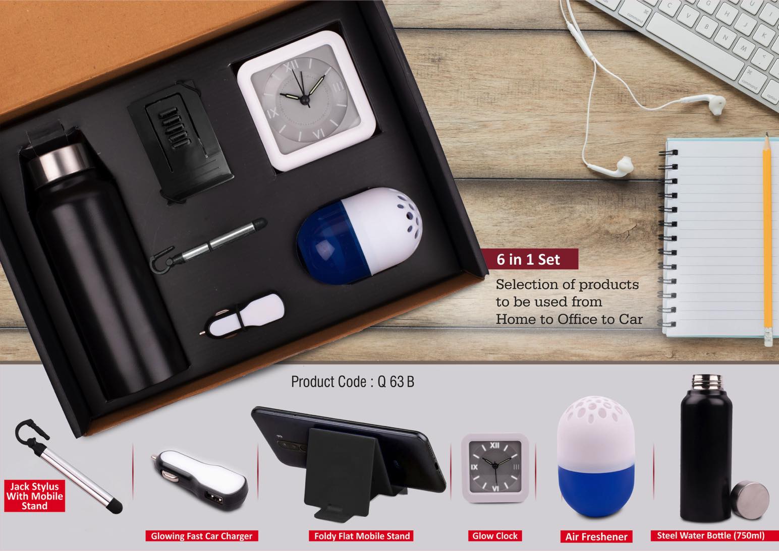 6 in 1 set- Steel Water bottle (750ml), Adjustable mobile stand, Jack Stylus with Mobile stand, Glowing Fast Car charger, Glow Clock, Air freshener