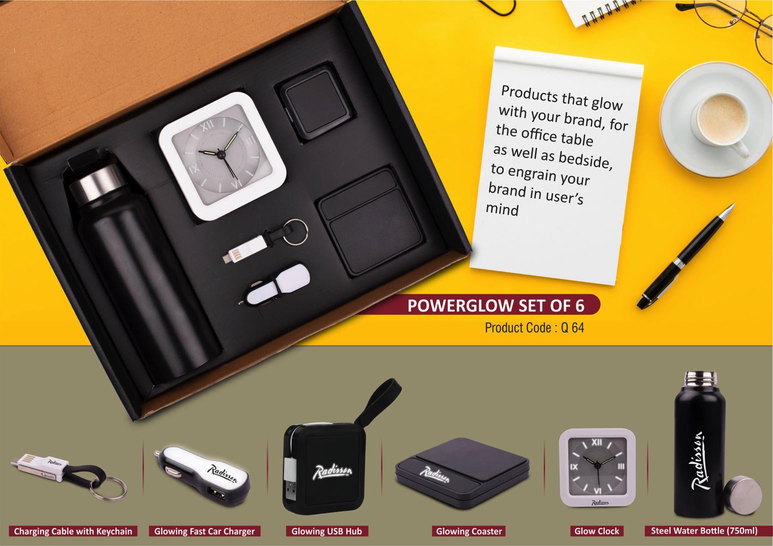 PowerGlow Set of 6- Steel Water bottle (750ml), Glowing USB hub, Charging cable with keychain, Glowing Fast Car charger, Glow Clock, Glowing coaster