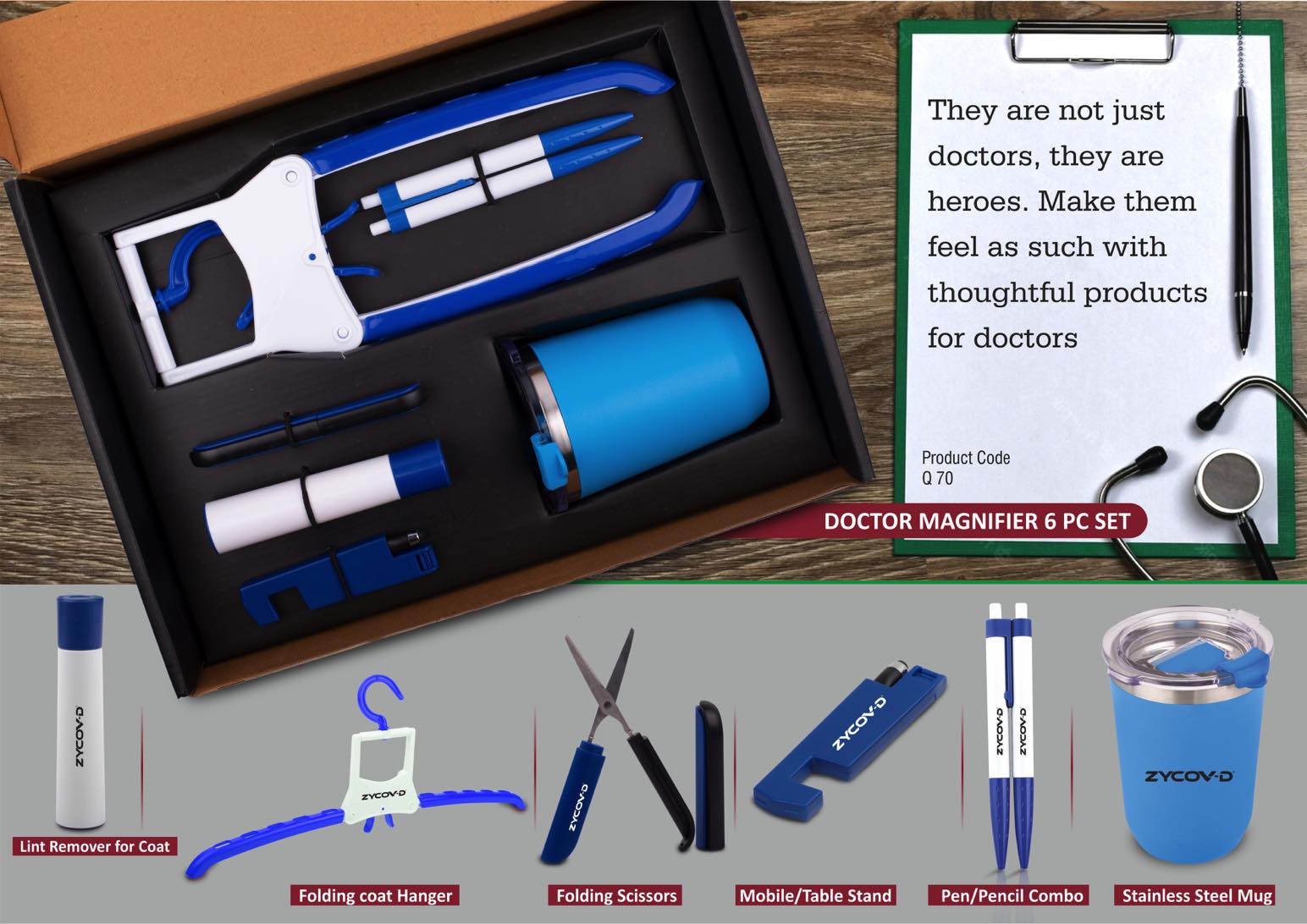 Doctor Mug set-Folding Coat hanger, Lint remover, Folding scissors, Mobile/Tablet stand, Pen/Pencil combo, Stainless steel mug - 6 pc set