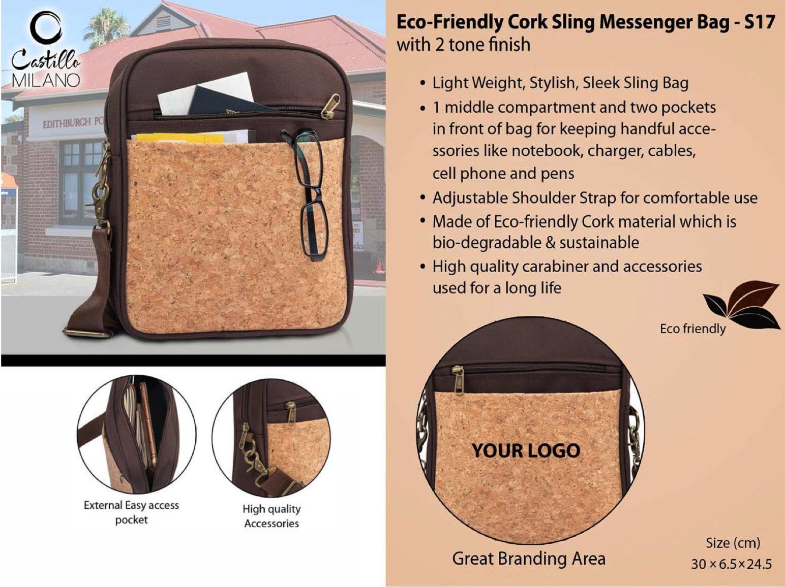 Eco-Friendly Cork Sling Messenger Bag with 2 tone finish