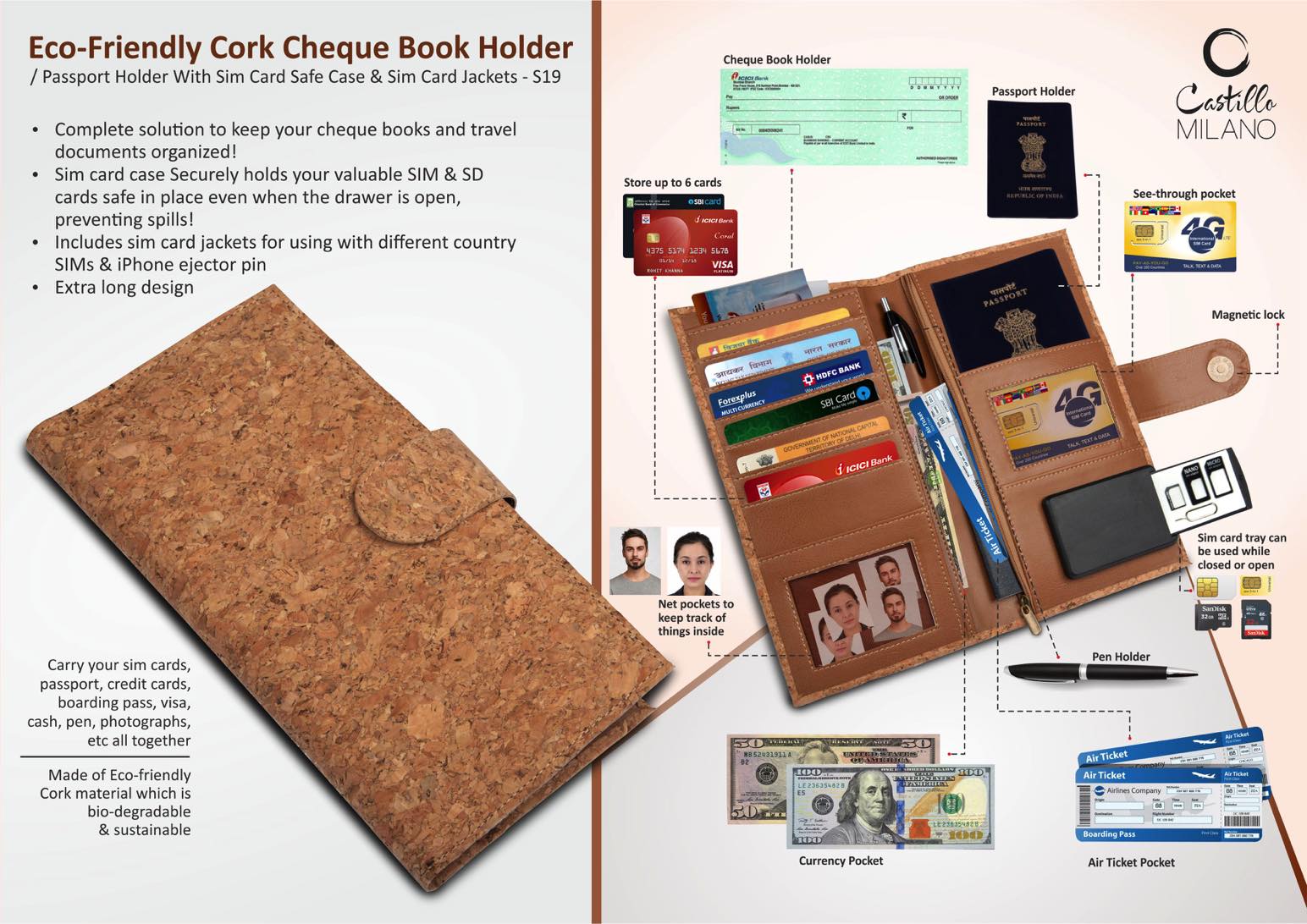 Eco Friendly Cork Cheque Book Holder - Passport Holder With Sim Card Safe Case and Sim Card Jackets