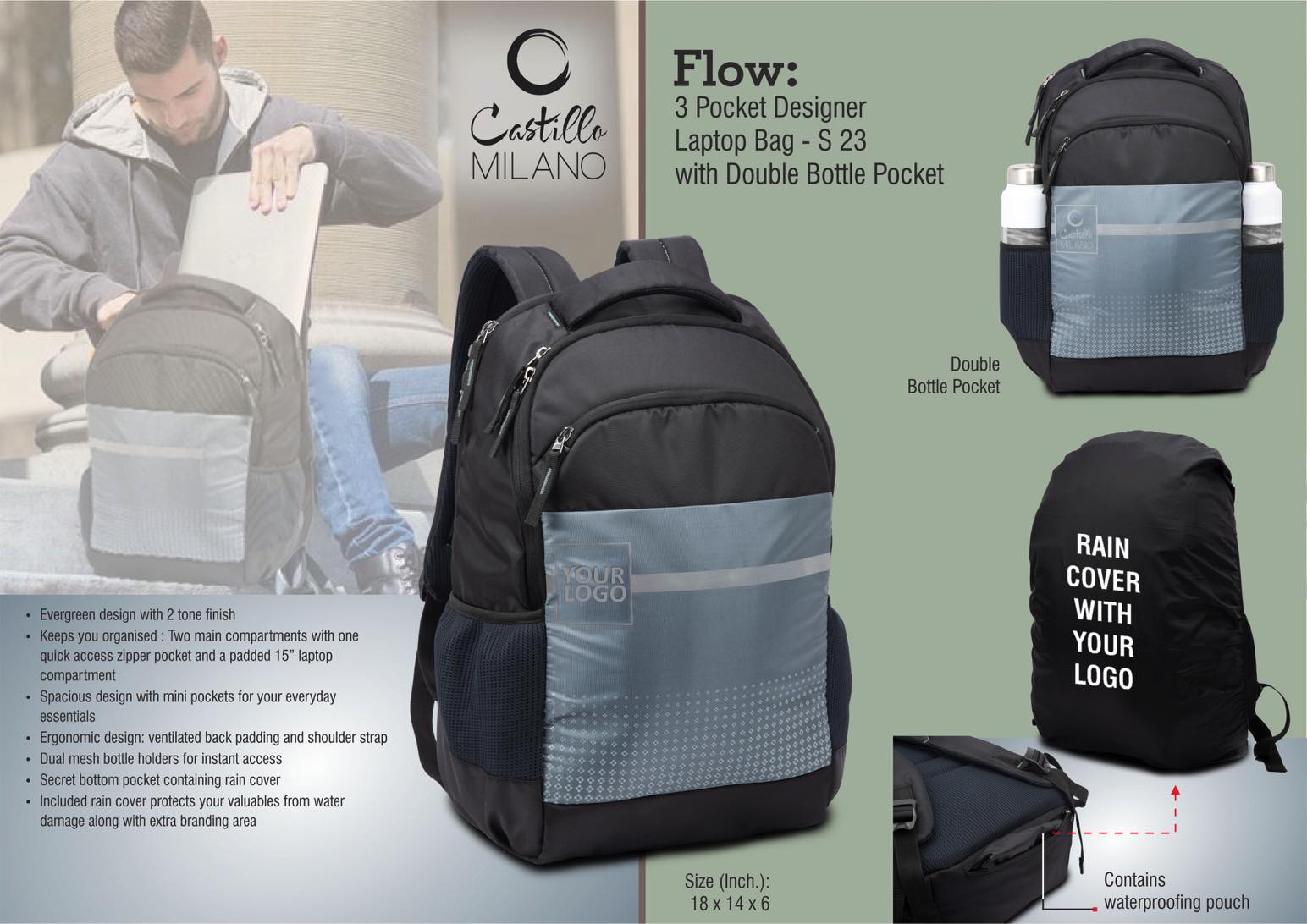 Flow- 3 pocket Designer laptop bag with double bottle pocket and rain cover
