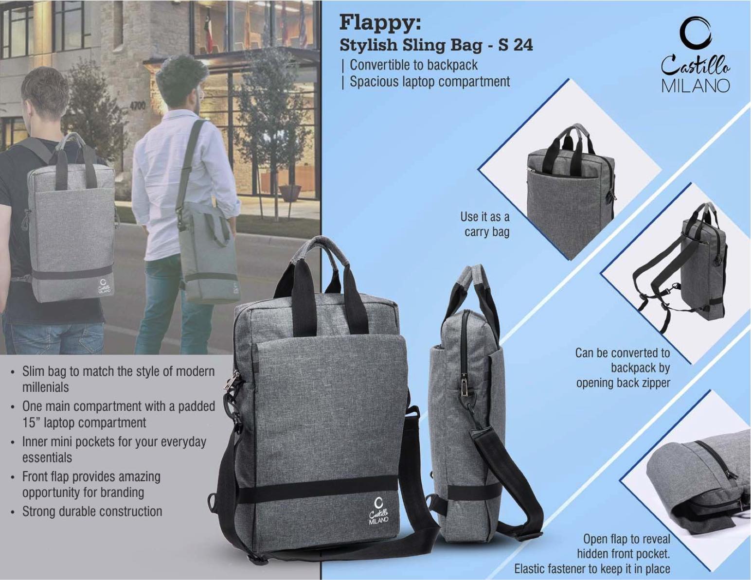 Flappy - Stylish Sling bag - Convertible to backpack - Spacious laptop compartment