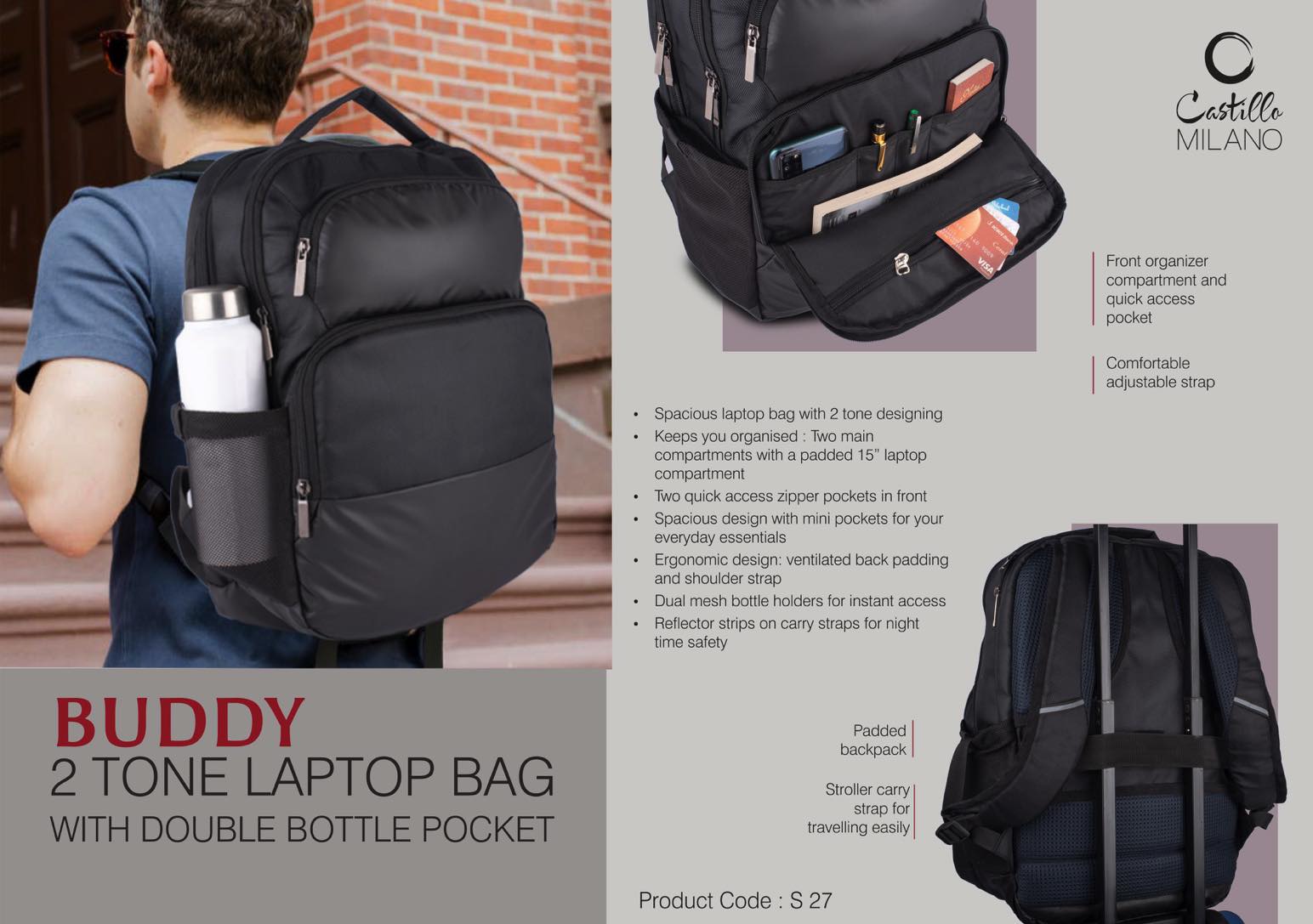 Buddy- 2 tone Laptop bag with double bottle pocket - Front organizer compartment and quick access pocket - Padded backpack