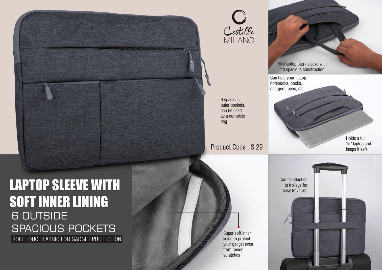 Laptop Sleeve with Soft inner lining - 6 outside spacious pockets - Soft touch fabric for gadget protection