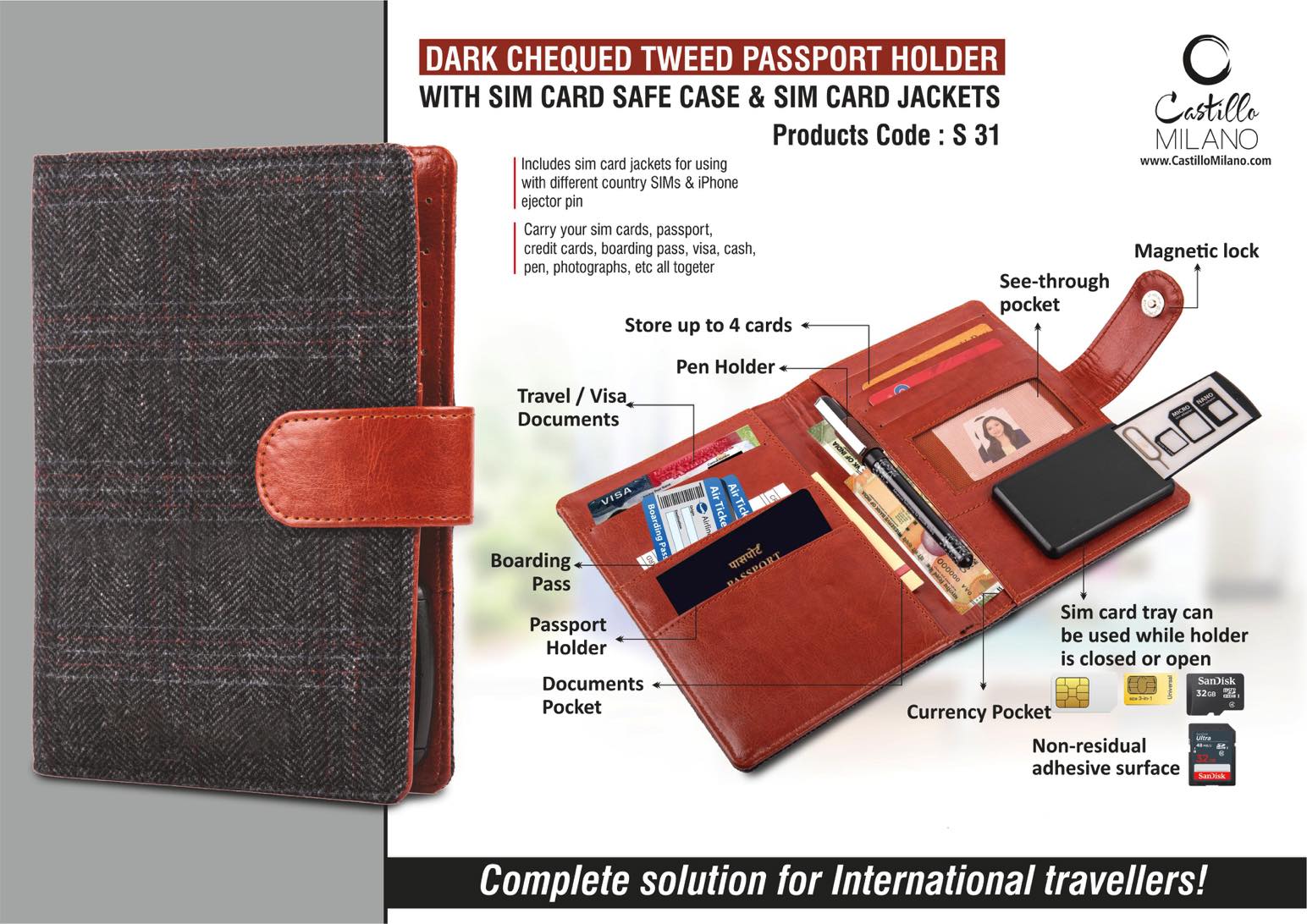 Dark Chequed Tweed Passport holder with Sim Card Safe Case and Sim Card Jackets