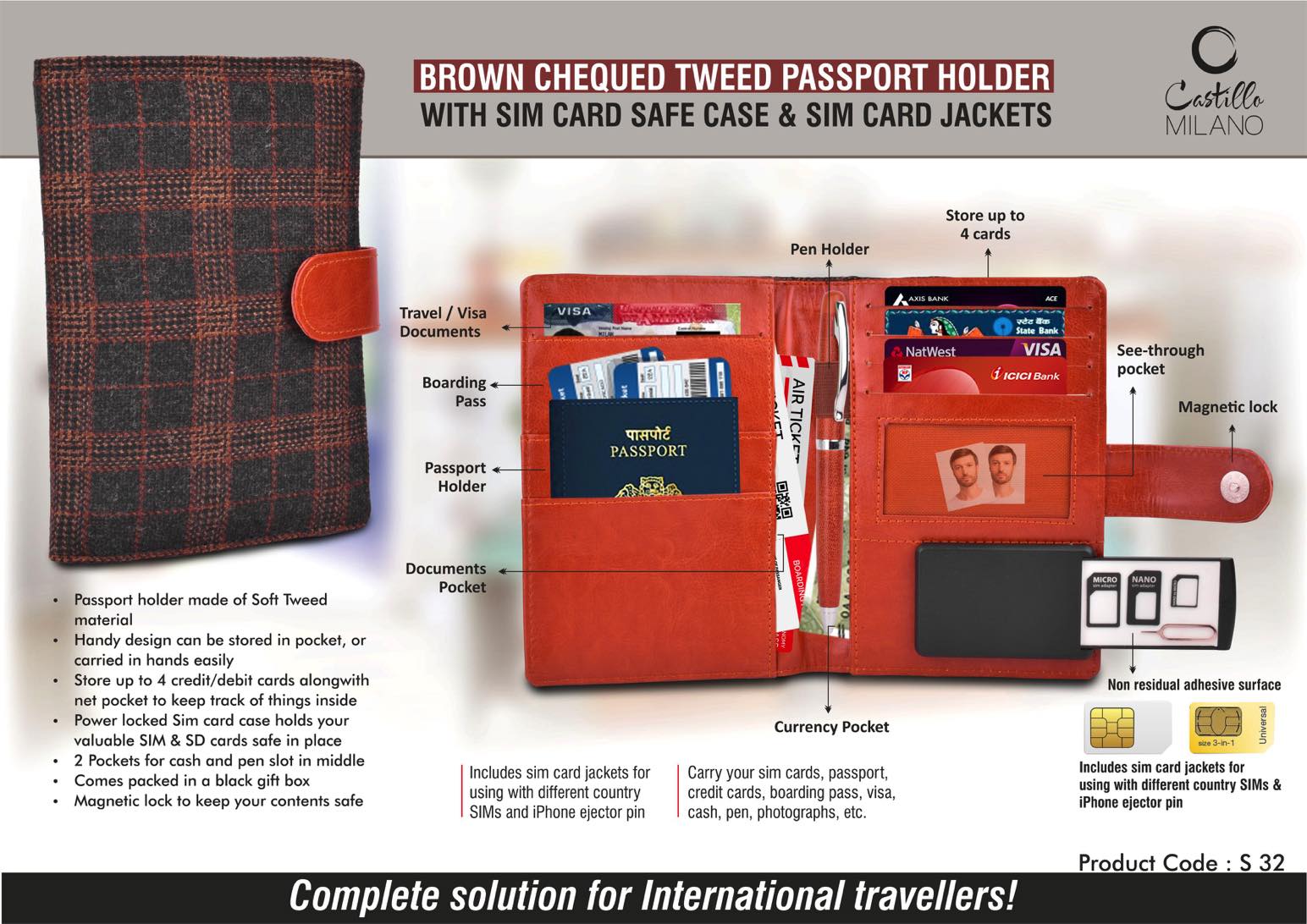 Brown Chequed Tweed Passport holder with Sim Card Safe Case and Sim Card Jackets