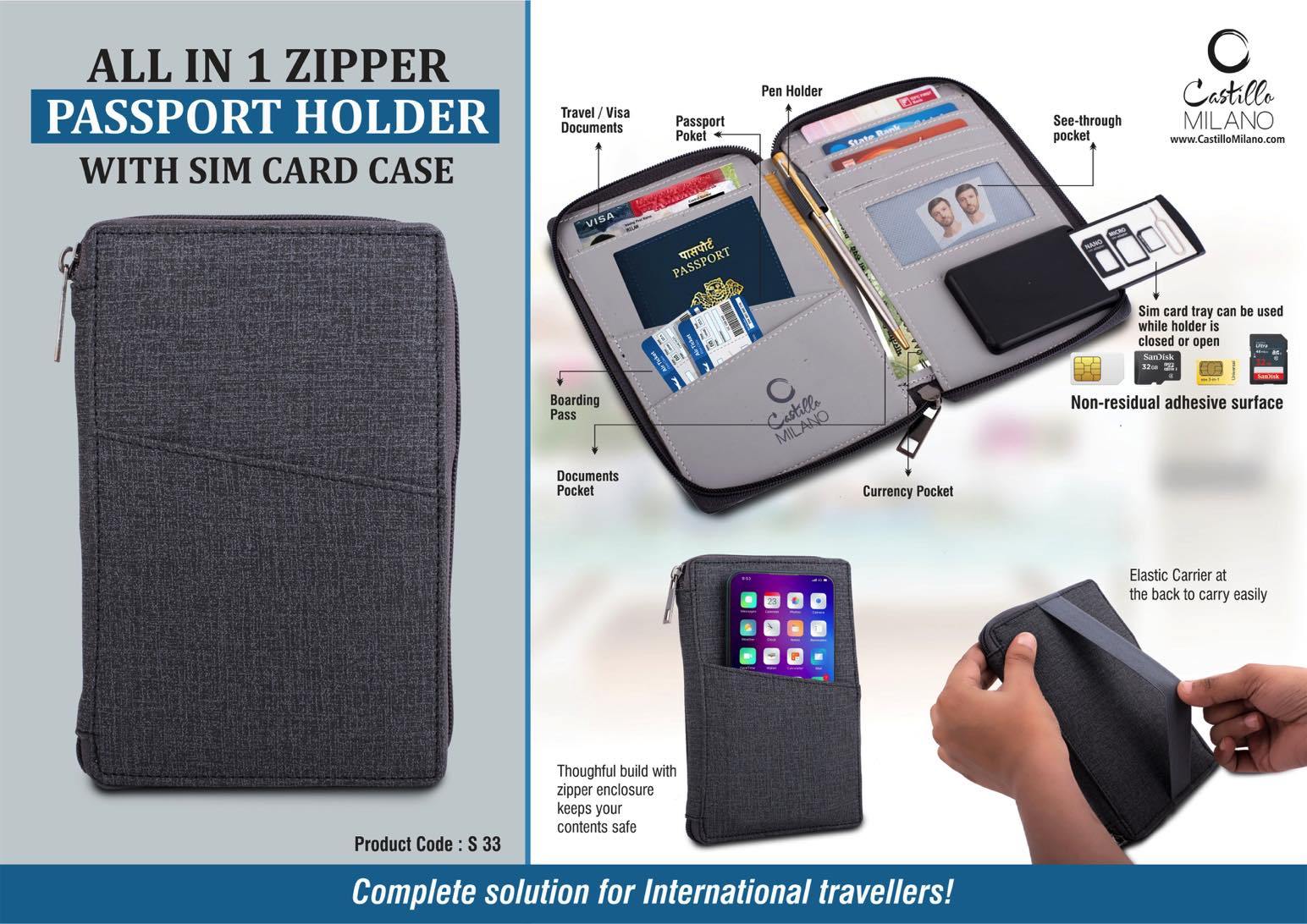 All in 1 Zipper Passport holder with Sim card case- Gray