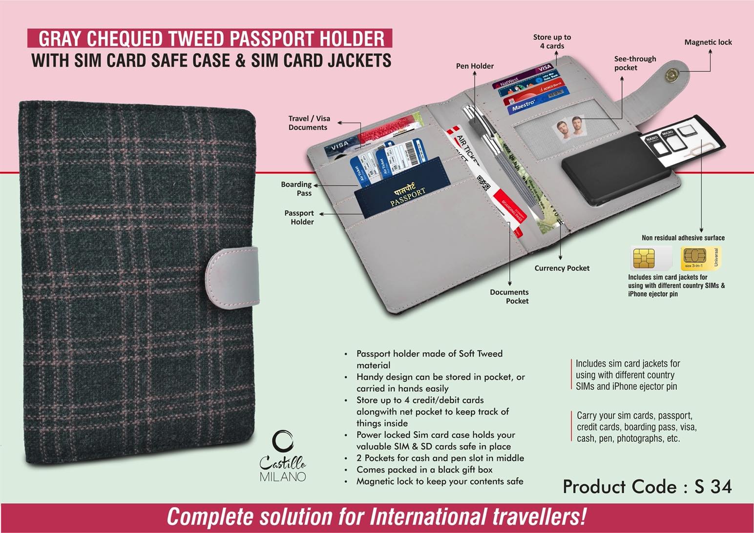 Gray Chequed Tweed Passport holder with Sim Card Safe Case and Sim Card Jackets