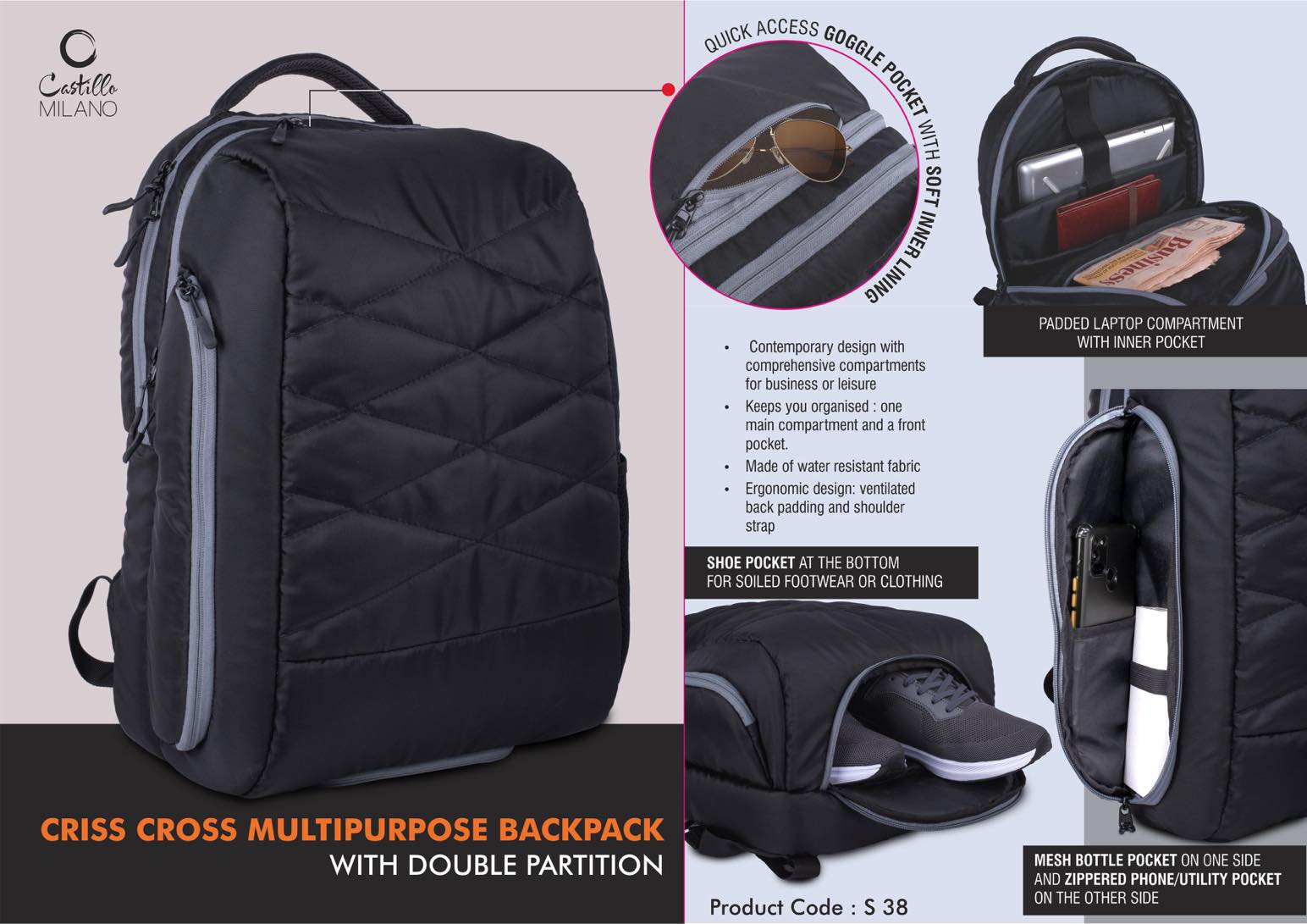 Criss Cross Multipurpose Backpack bag with Double Partition - Hidden phone and Goggle pockets - Separate Shoe Pocket