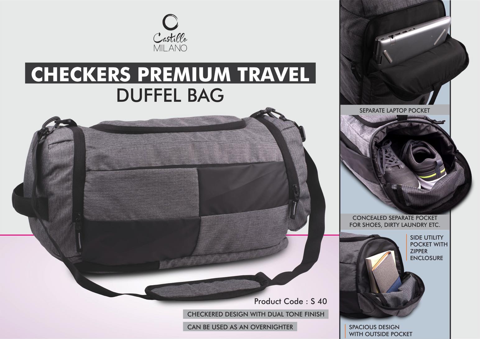 Checkers Premium Travel Duffel bag - Separate Laptop Compartment - Shoe and Utility Pockets on sides