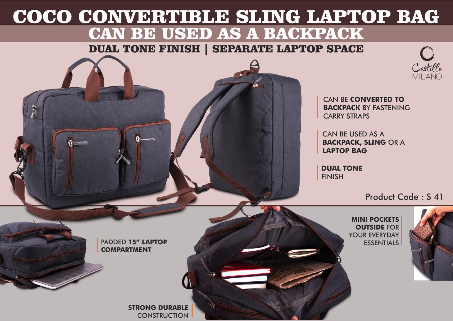 Coco Convertible Sling Laptop Bag - Can be used as a backpack - Dual tone finish - Separate laptop space