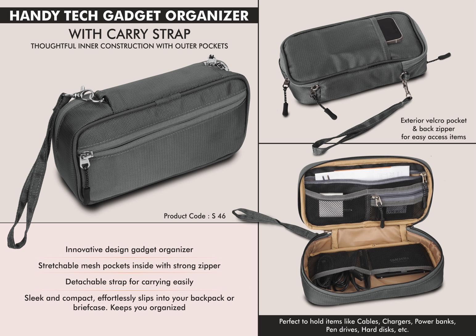 Handy Tech Gadget organizer with Carry Strap - Thoughtful inner construction with outer pockets