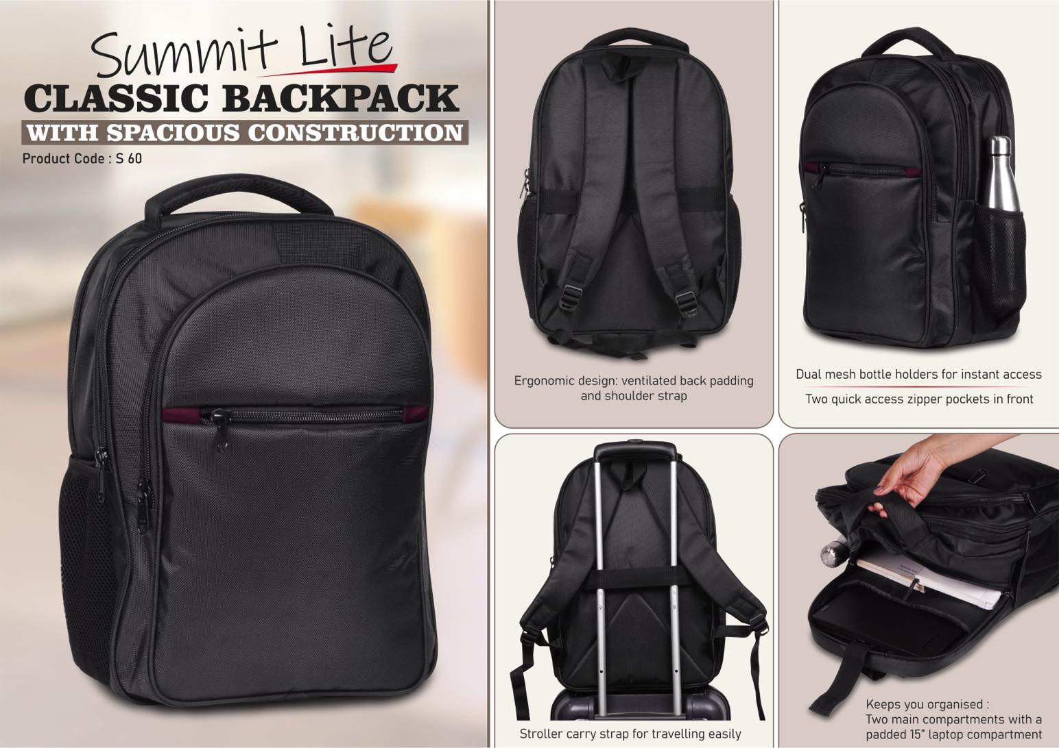 Summit Lite- Classic backpack with spacious construction and maroon highlights - 4 zipper pockets and 2 side mesh pockets - Stroller carry strap