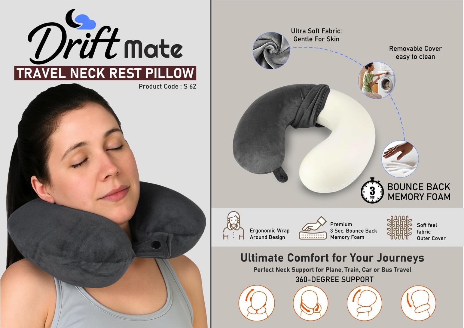 DriftMate- Travel Neck Rest Pillow - U Shaped with Soft fabric - 3sec bounce back memory foam