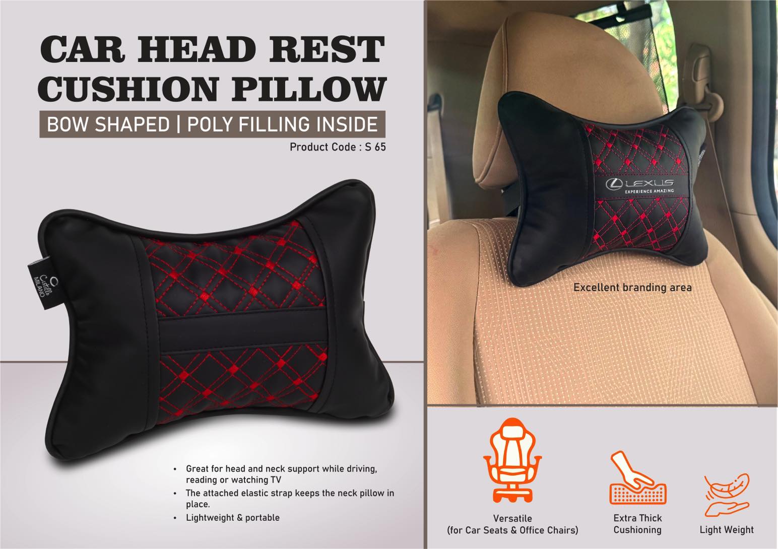 Car Head Rest Cushion Pillow - Bow Shaped | Poly filling inside