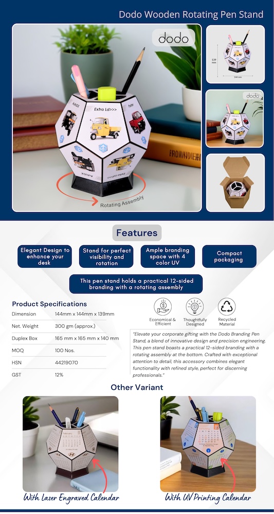 Dodo Wooden Rotating Pen Stand - With 4 color Printing on MDF - MOQ 500