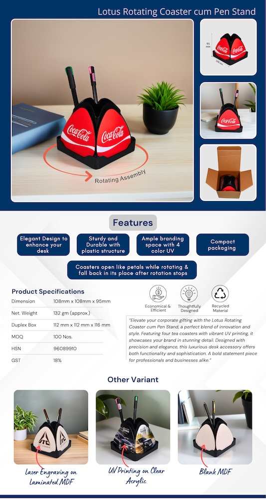 Lotus Rotating Coaster cum Pen Stand - With 4 color Printing on MDF- MOQ 500