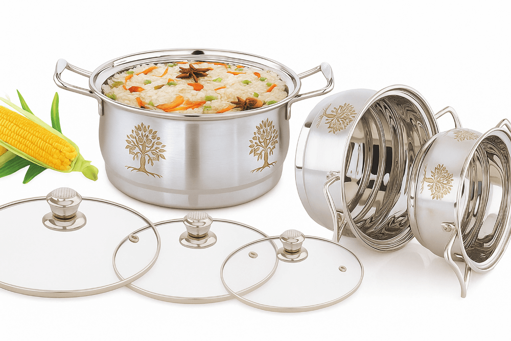 Stainless Steel 3 Pcs set + Glass Lid