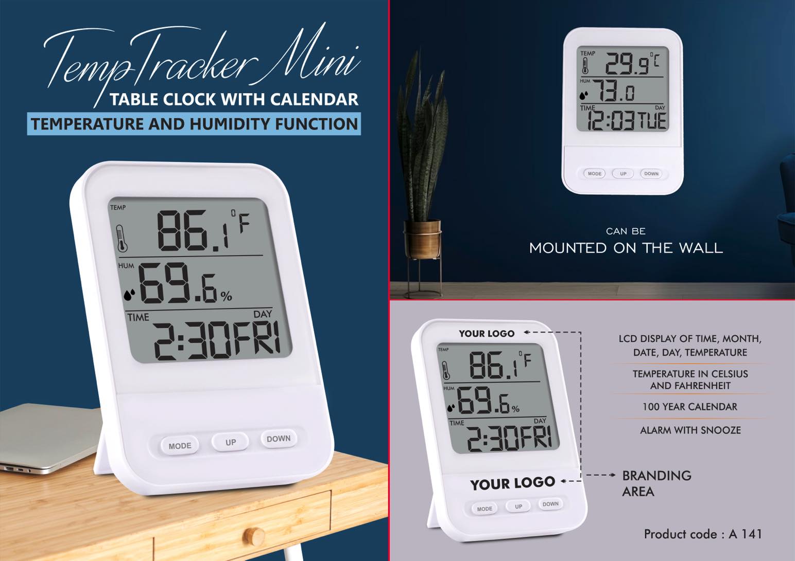 TempTracker Mini- Table Clock with Calendar, Temperature and Humidity function - Wall Hanging function