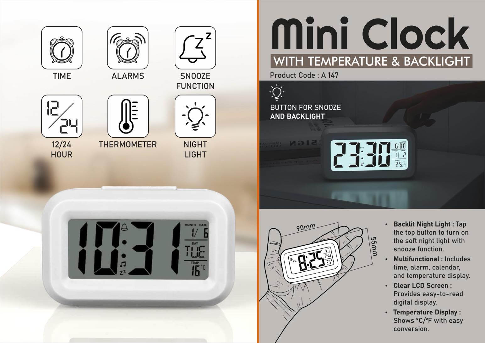 Mini Clock with Temperature and Backlight