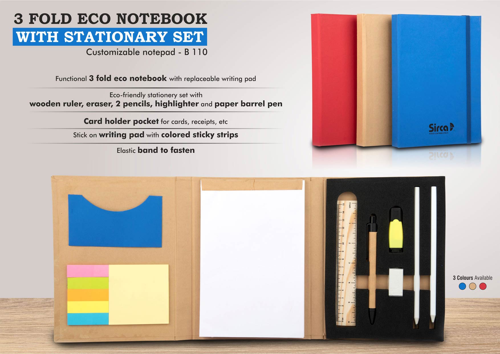3 fold Eco Notebook with stationary set - Customizable notepad