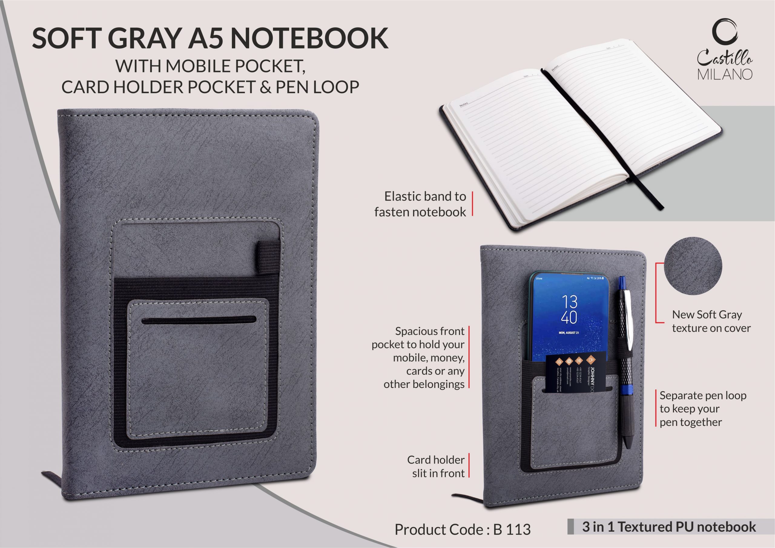 Soft Gray A5 notebook with mobile pocket, card holder pocket and pen loop by Castillo Milano