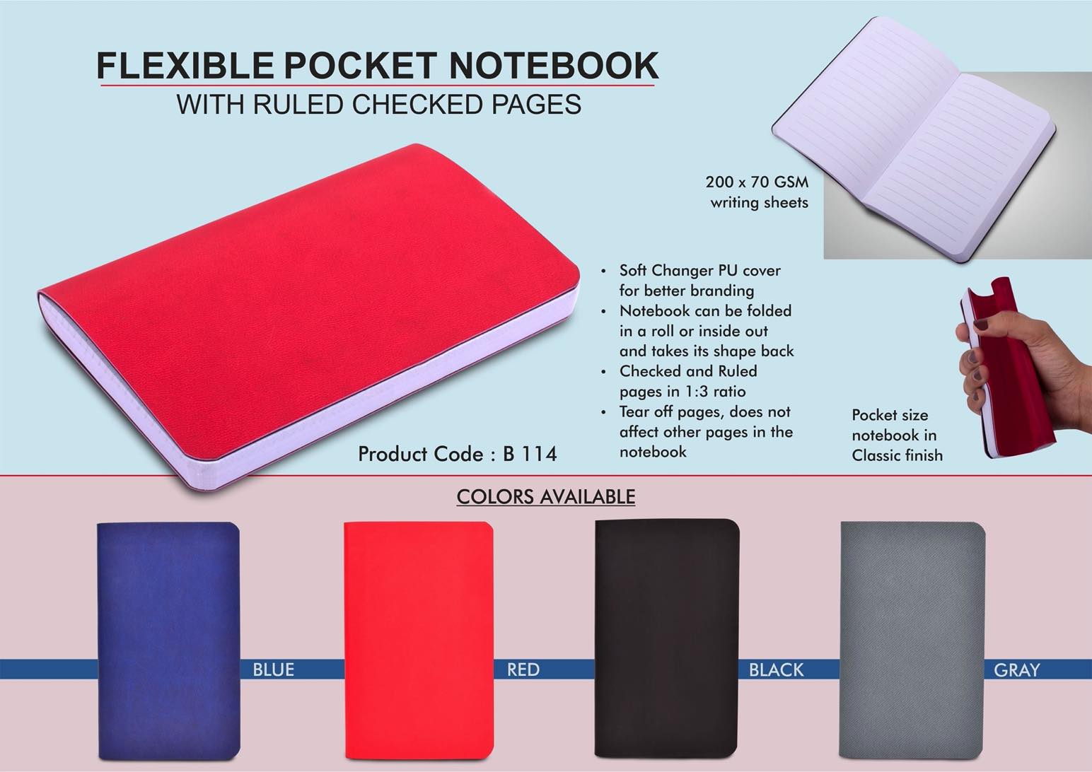 Flexible Pocket Notebook with Ruled and Checked pages - Soft Changer PU Cover - 70 GSM 200 Writing sheets - Size 3.5 x 5.75 inch