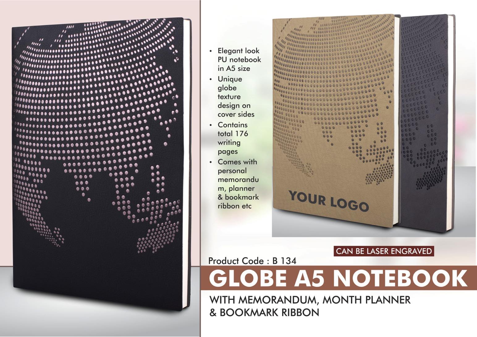 Globe A5 notebook with memorandum, month planner and bookmark ribbon - 176 date pages