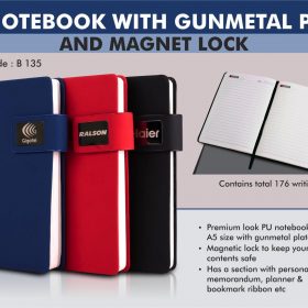 A5 Notebook with Gunmetal plate and Magnet lock - Hard bound cover