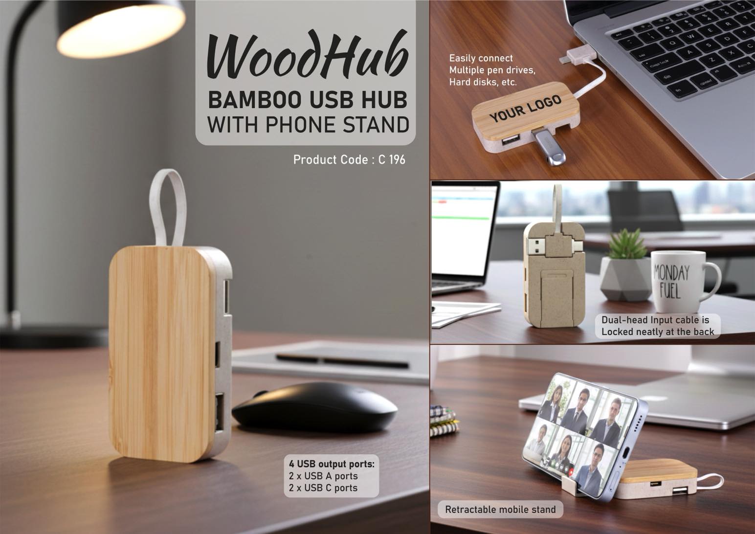 Bamboo USB hub with Phone stand - 4 USB outputs