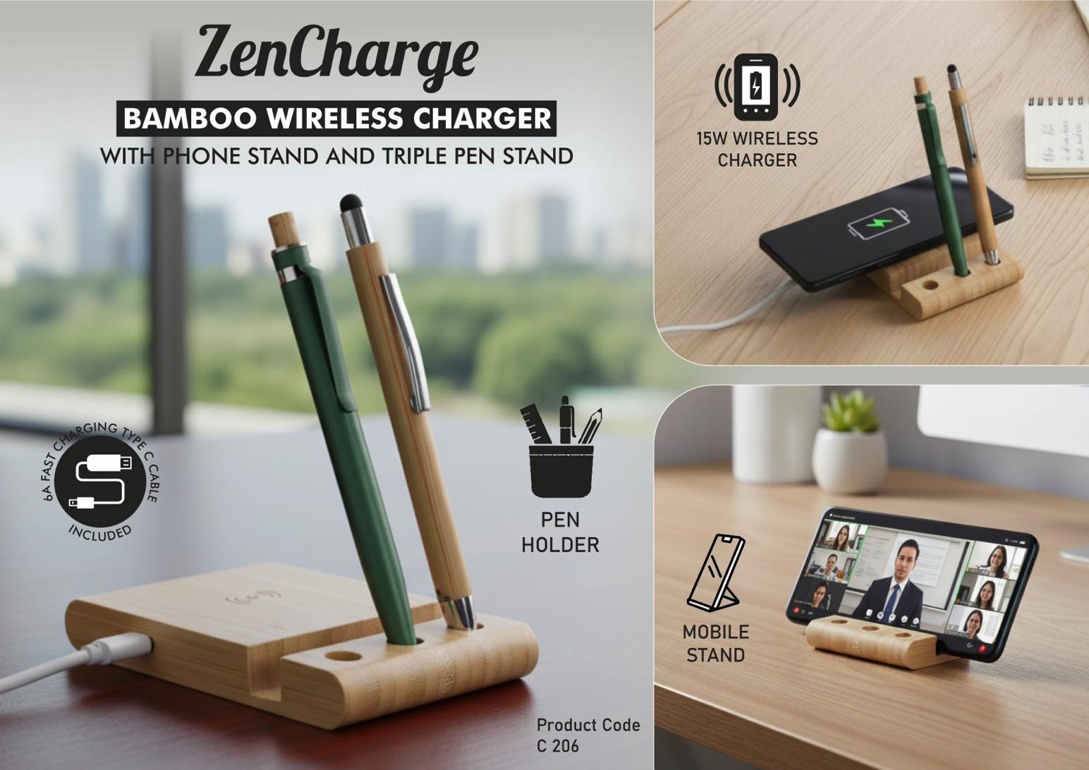 ZenCharge: Bamboo Wireless Charger with phone stand and triple pen stand – 15W wireless charger