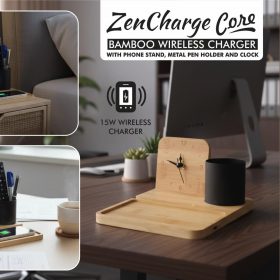 ZenCharge Core: Bamboo Wireless charger with phone stand, Metal Pen holder and Clock – 15W wireless charger