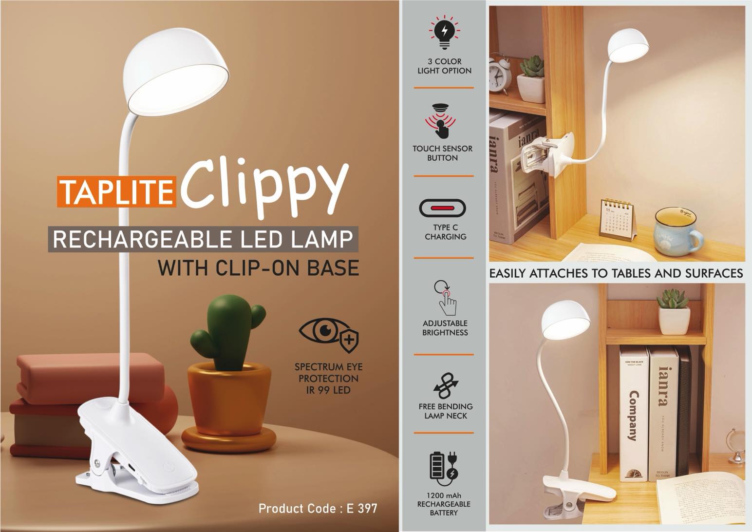 Taplite Clippy-Rechargeable LED lamp with clip on base - Can be atatched to tables and other surfaces - 3 Color light with Brightness adjustment - Type C Charging