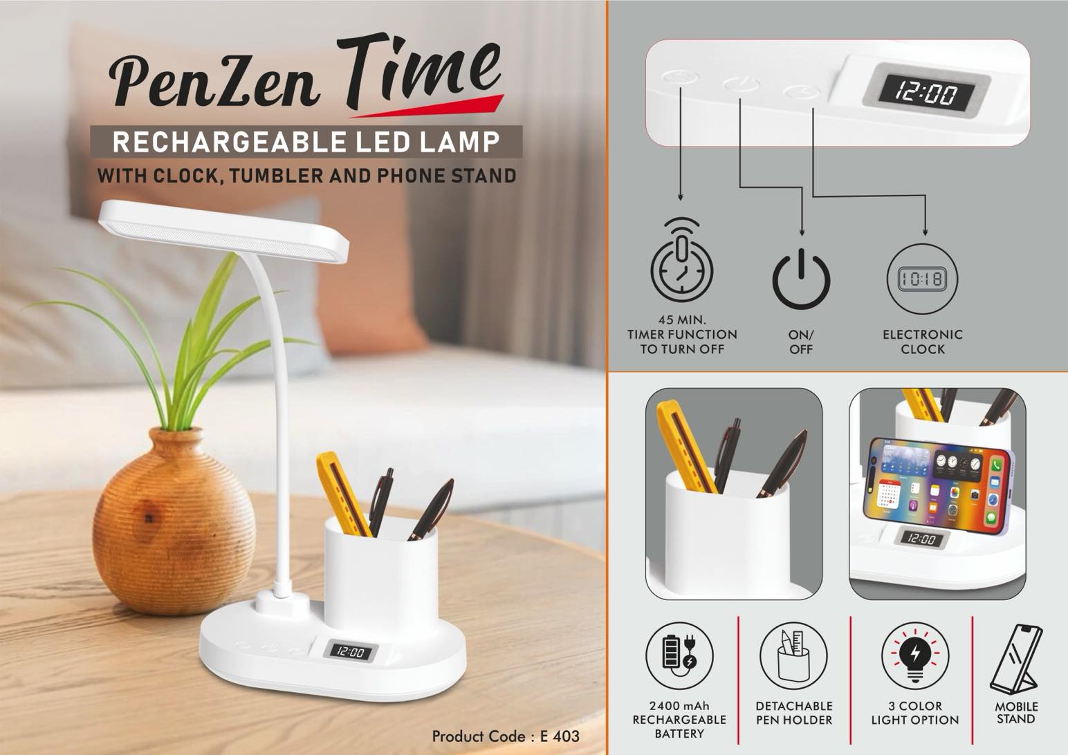 PenZen Time- Rechargeable LED lamp with Clock, Pen stand tumbler and Phone stand - 3 Color light with Brightness adjustment - Type C Charging - 2400 mAh battery