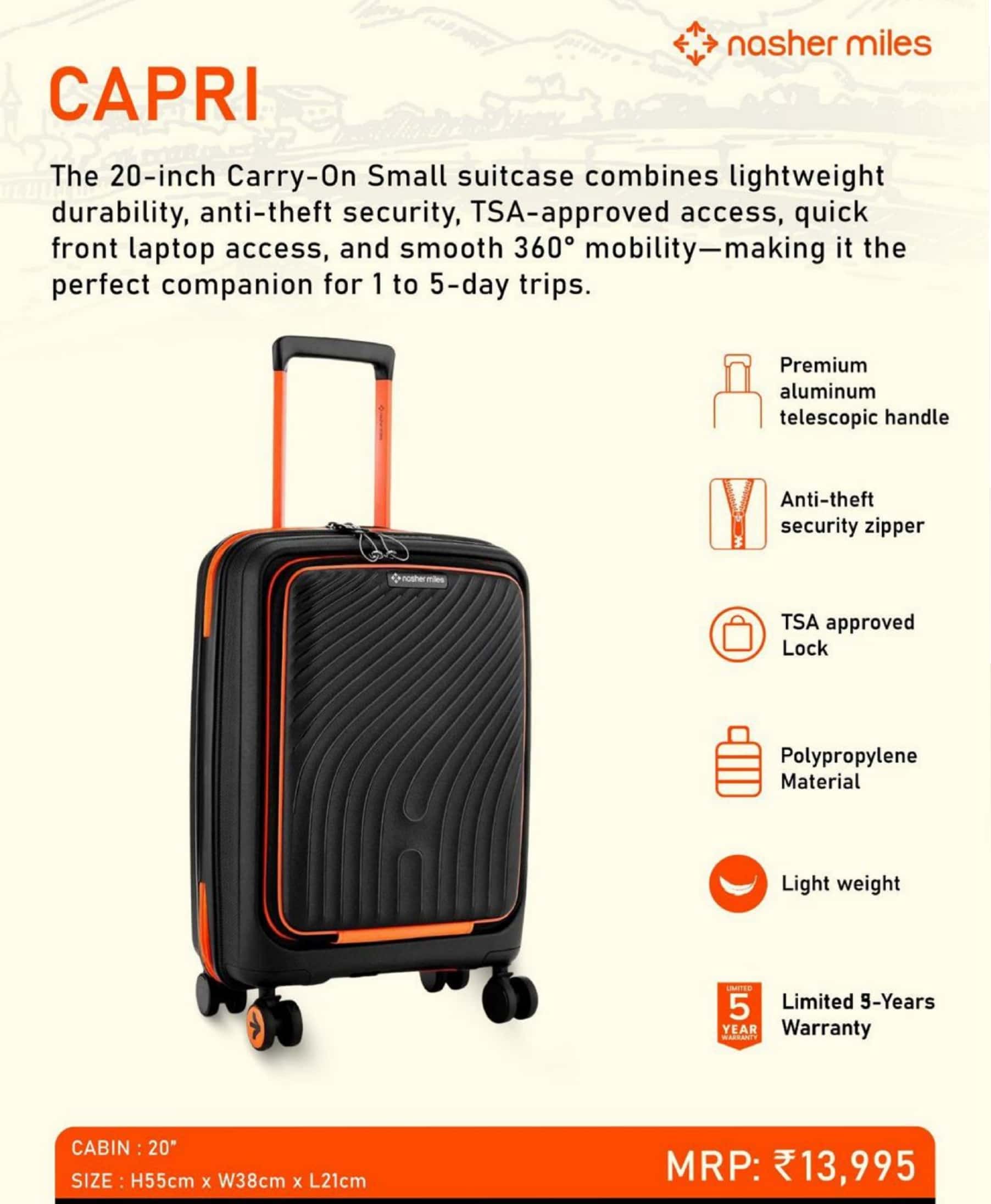 Nasher Miles Capri Hard Case Trolley Suitcase 20 inches