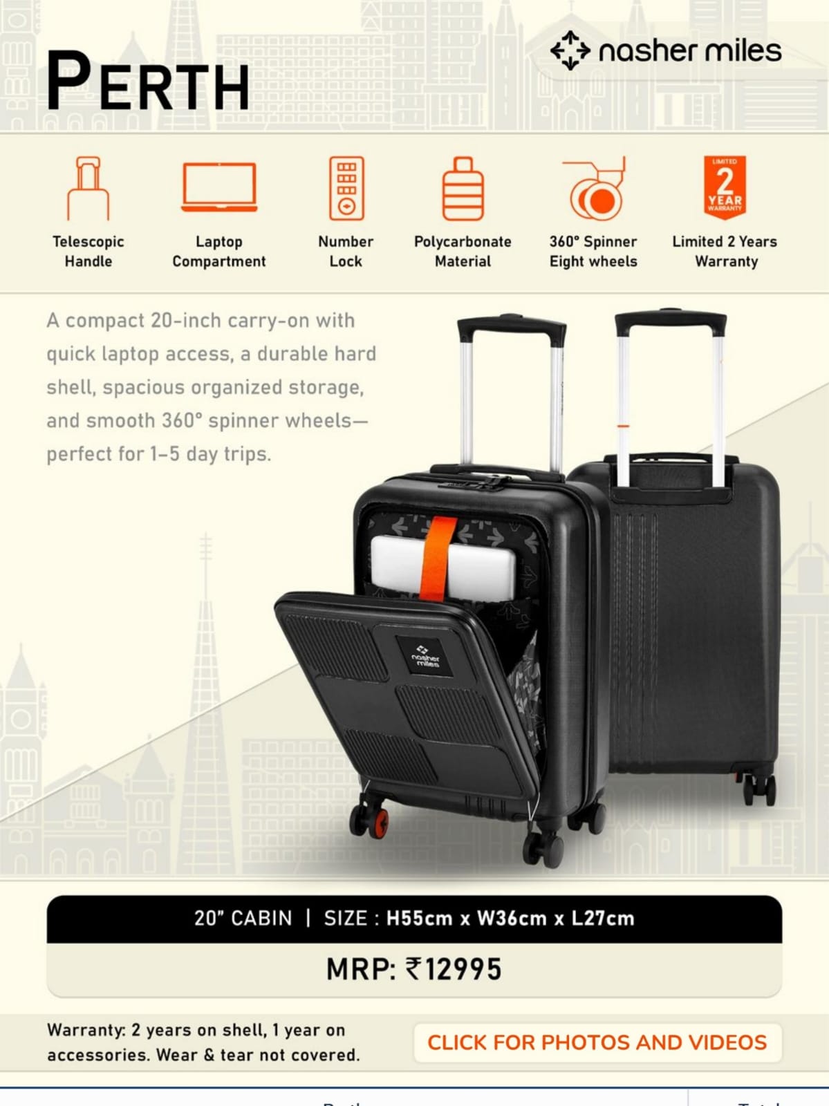 Nasher Miles Perth Hard Case Trolley Suitcase 20 inches