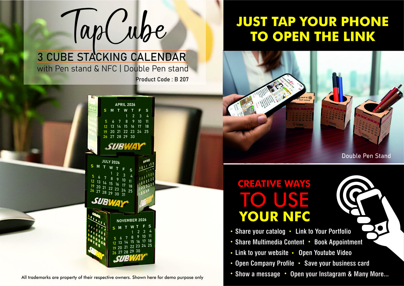 TapCube: 3 Cube Stacking Calendar with Pen stand & NFC - Double Pen stand