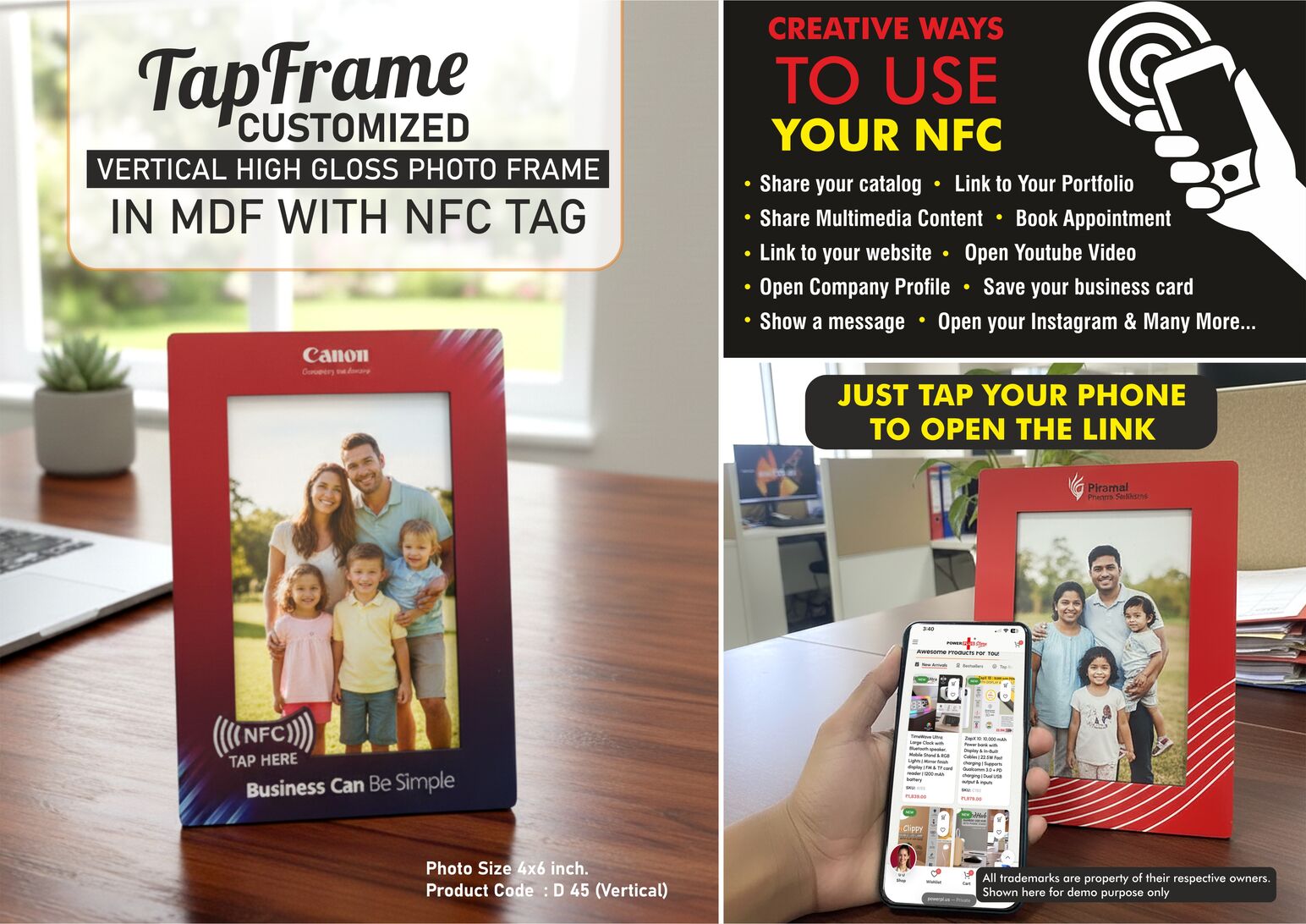 TapFrame: Customized High Gloss Photo Frame in MDF with NFC tag - Link to your Catalog, Website, Video, etc - Photo size 4x6 inch - Vertical