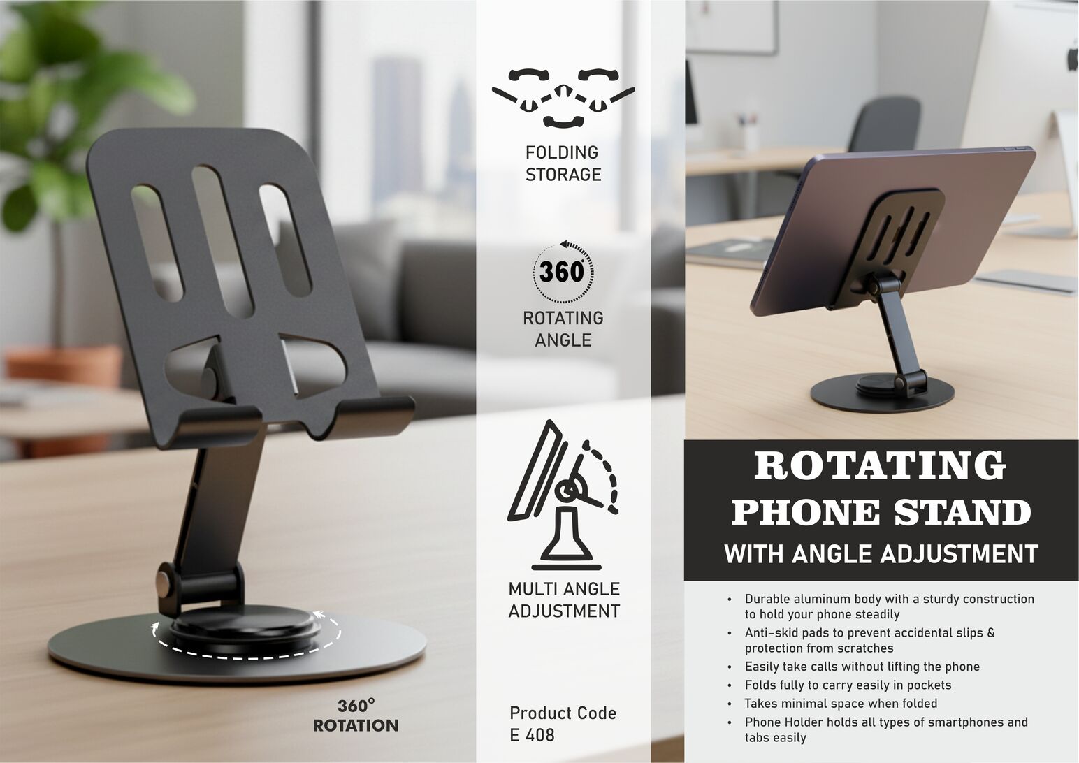 Rotating phone stand with Angle adjustment – Metal alloy body – Foldable design