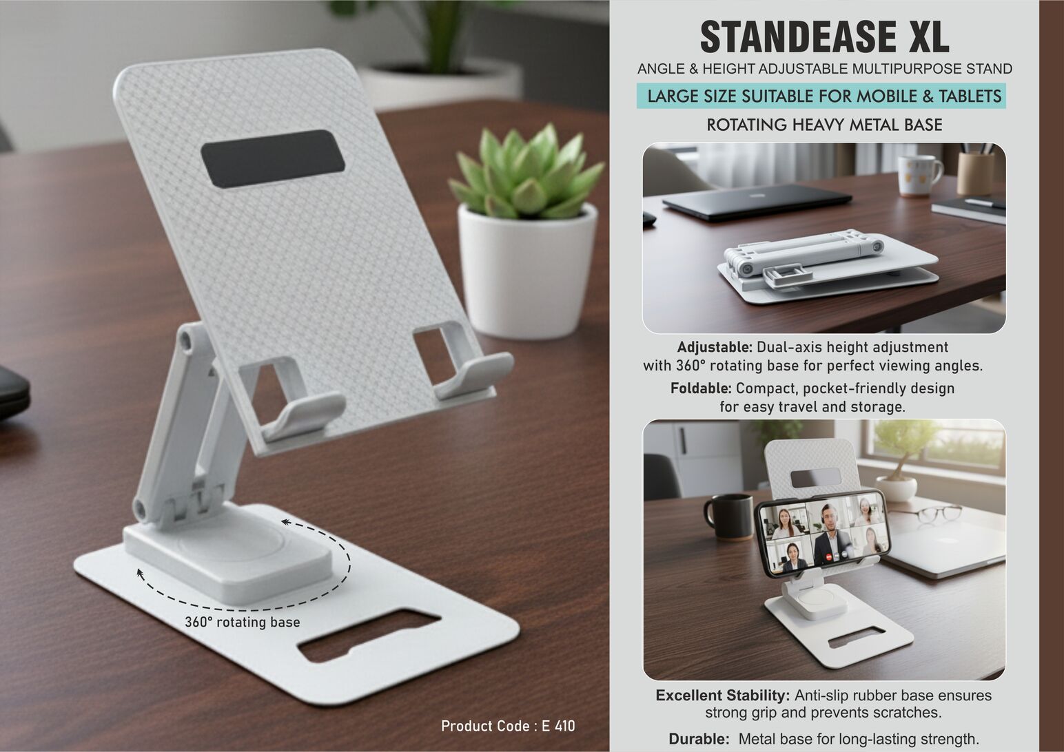 StandEase XL: Angle & Height adjustable multipurpose stand – Large size suitable for mobile & tablets – Rotating Heavy metal base – Foldable body