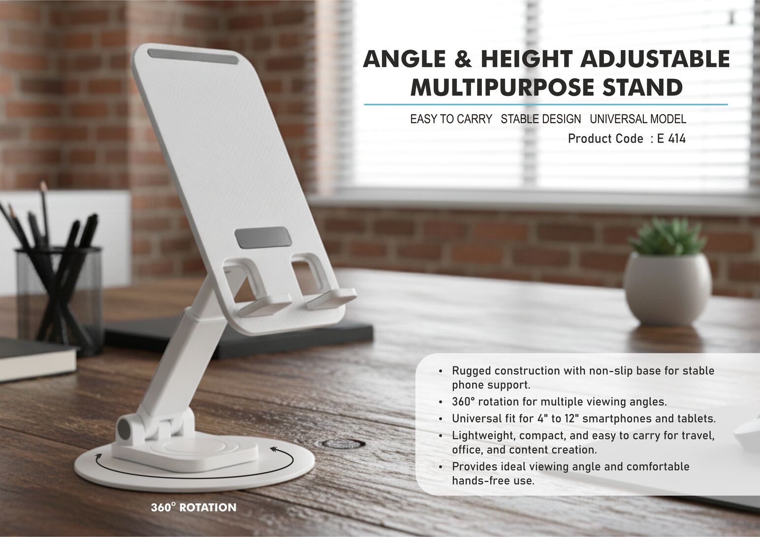 Angle & Height adjustable multipurpose stand – Suitable for mobile & tablets – Round Rotating base – Foldable body