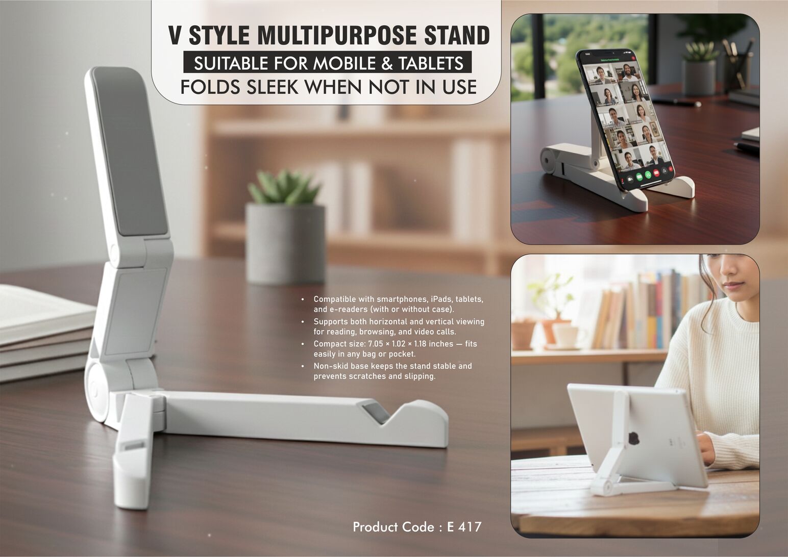 V style multipurpose stand – Suitable for mobile & tablets – Folds sleek when not in use