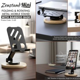Zenstand Max (Small): Folding & Rotating Metal Mobile Stand with bamboo base - Folds completely to take minimal space