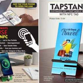 TapStand : Customized MDF 2 part Mobile stand with NFC Tag - Link to your Catalog, Website, Video, etc - Double angle adjustment