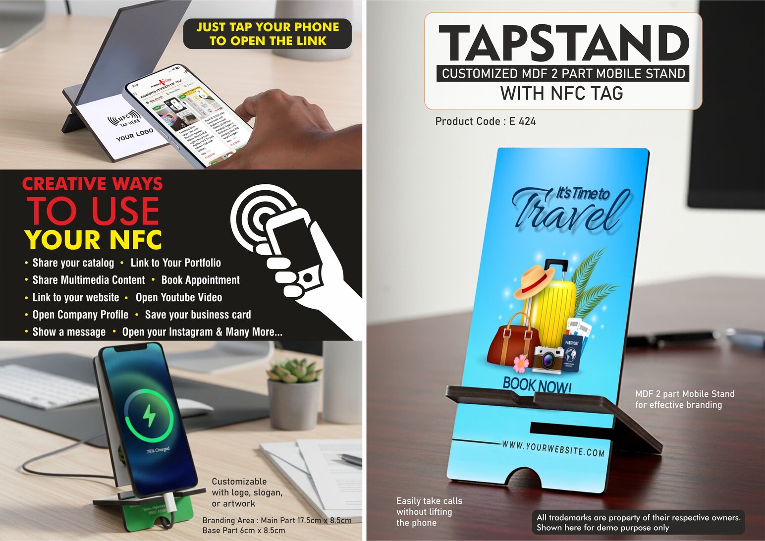 TapStand : Customized MDF 2 part Mobile stand with NFC Tag - Link to your Catalog, Website, Video, etc - Double angle adjustment